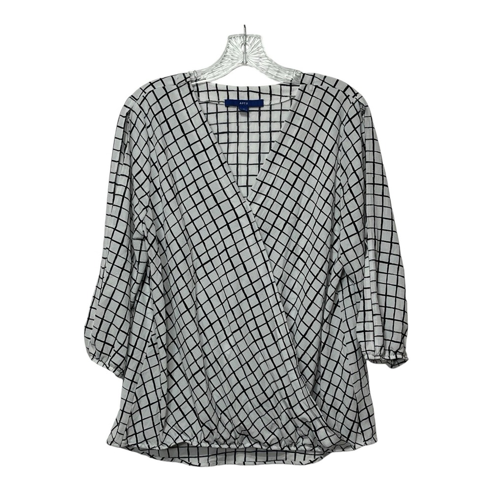 Apt 9 Women Black White Grid Print Faux Wrap‎ Blouse Top Plus Size